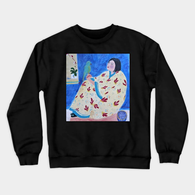 chinese girl with green parrot Crewneck Sweatshirt by janestallwood